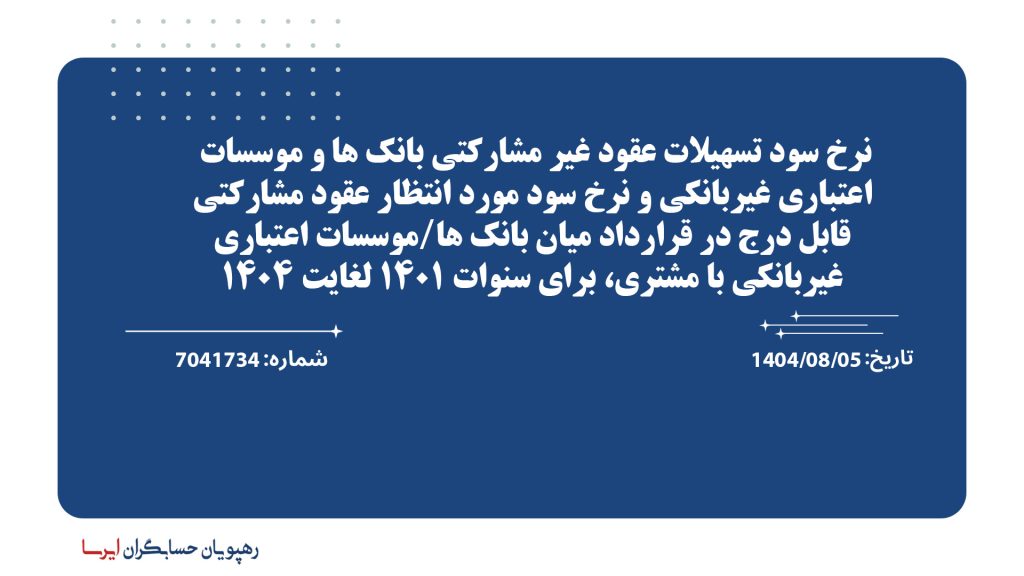 نرخ سود تسهیلات عقود غیر مشارکتی بانک ها و موسسات اعتباری غیربانکی و نرخ سود مورد انتظار عقود مشارکتی قابل درج در قرارداد میان بانک ها/موسسات اعتباری غیربانکی با مشتری، برای سنوات 1401 لغایت 1404