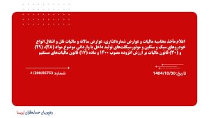 اعلام مأخذ محاسبه مالیات و عوارض شماره‌گذاری، عوارض سالانه و مالیات نقل و انتقال انواع خودروهای سبک و سنگین و موتورسیکلت‌های تولید داخل یا وارداتی موضوع مواد (28)، (29) و (30) قانون ماليات بر ارزش افزوده مصوب 1400 و ماده (17) قانون مالیات‌های مستقیم