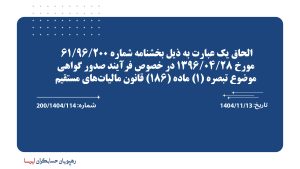 الحاق یک عبارت به ذیل بخشنامه شماره 200/96/61 مورخ 1396/04/28 در خصوص فرآیند صدور گواهی موضوع تبصره (1) ماده (186) قانون مالیات‌های مستقیم
