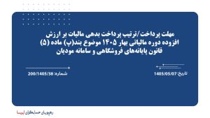 مهلت پرداخت/ترتیب پرداخت بدهی مالیات بر ارزش افزوده دوره مالیاتی بهار 1405 موضوع بند(پ) ماده (5) قانون پایانه‌های فروشگاهی و سامانه مودیان